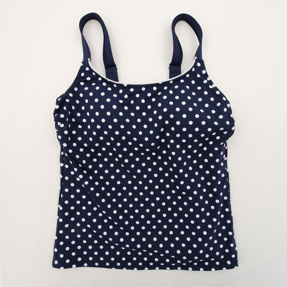 Lands End Tankini Top Navy Blue White Polka Dot Scoop Neck Built-In Bra Size 2D - Picture 1 of 8